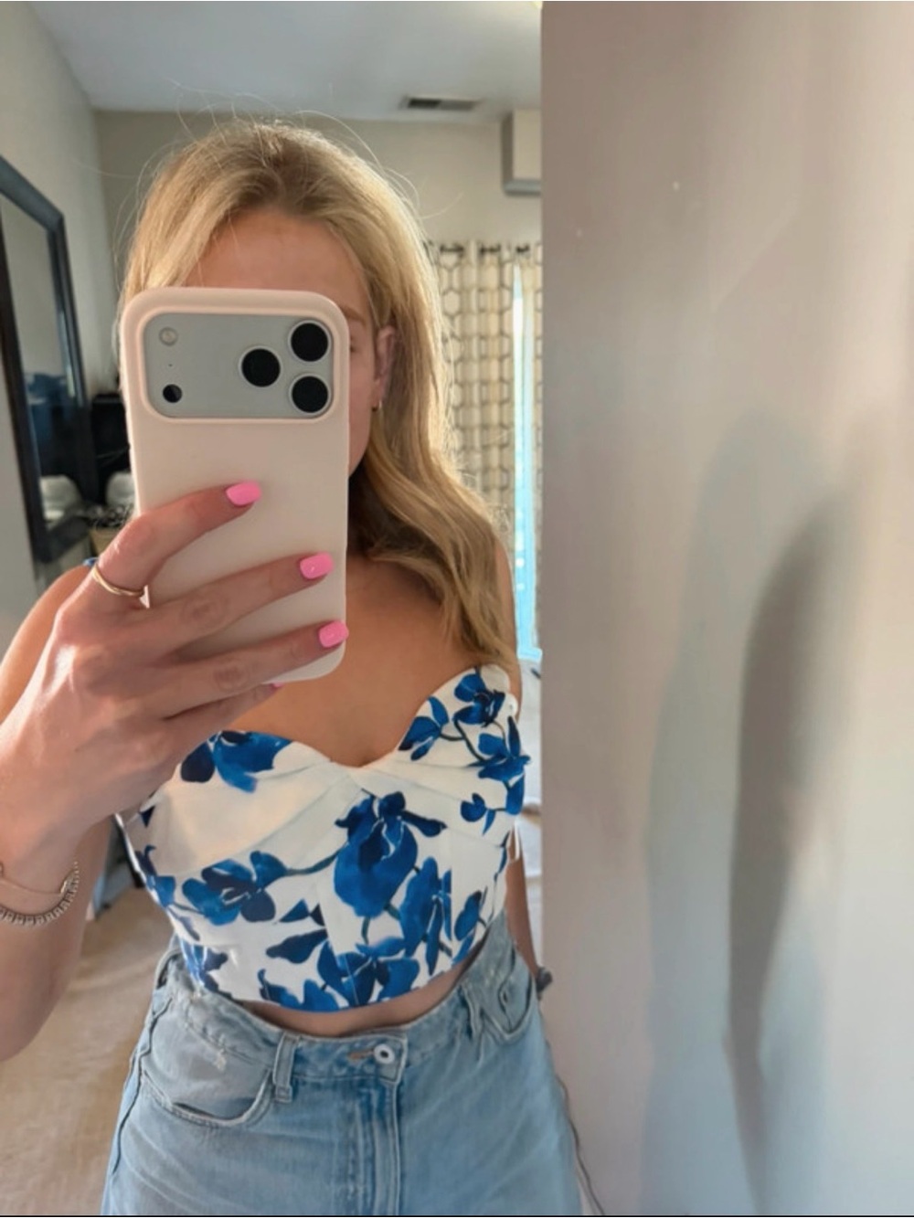 Rebecca Vallance Blue and White Floral Sweetheart Crop Top